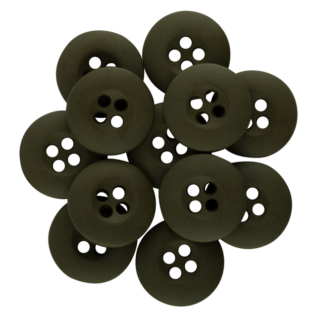 A pile of dark green, round Tactical Buttons with four holes each, made of melamine and arranged overlapping one another.