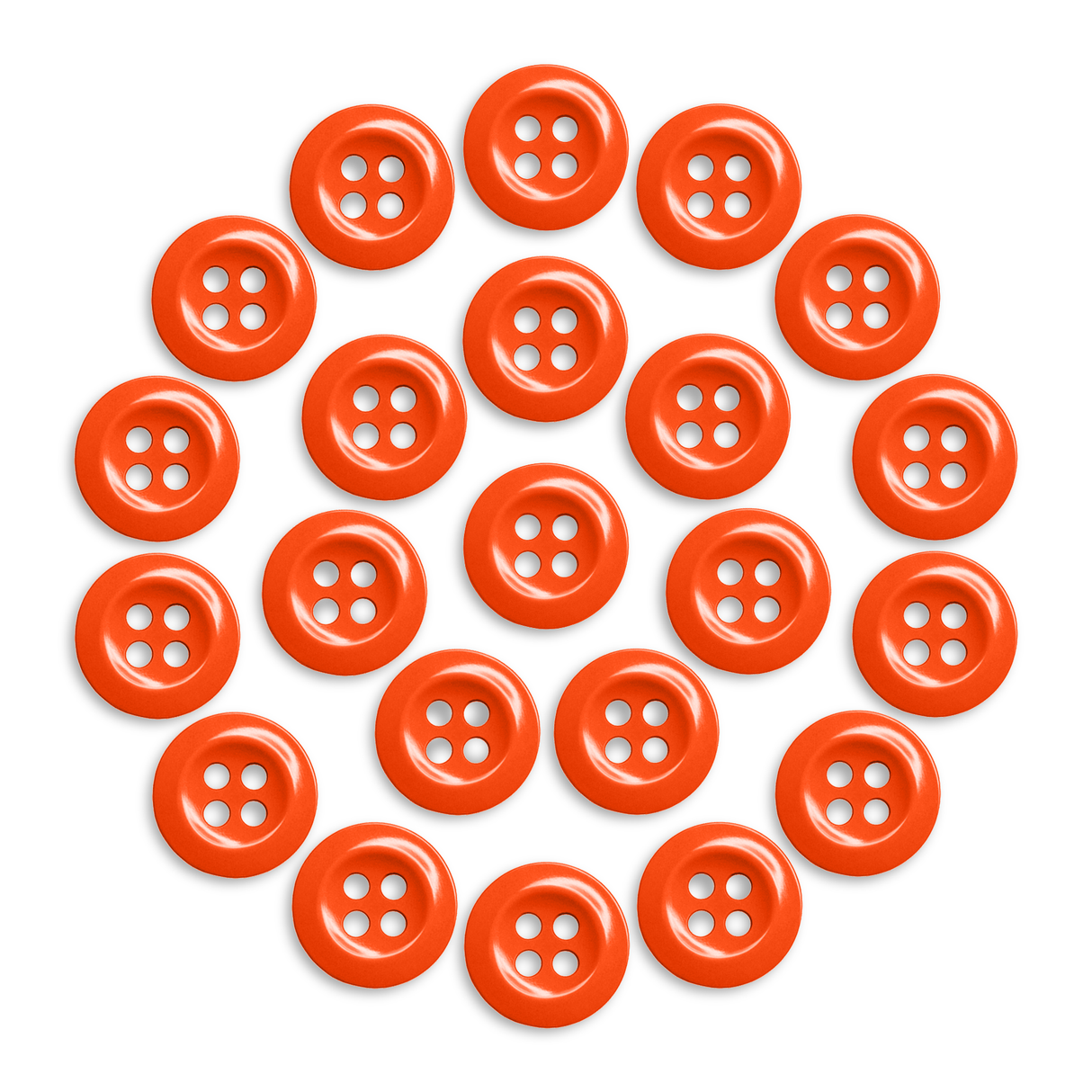 Twenty-one Work Shirt Buttons in orange are arranged in a circular pattern on a white background.
