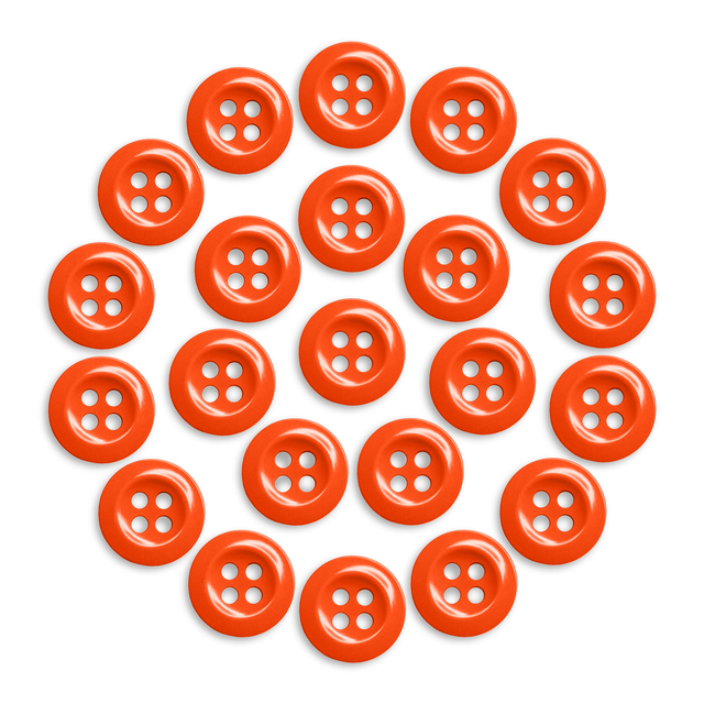 Twenty-one Work Shirt Buttons in orange are arranged in a circular pattern on a white background.