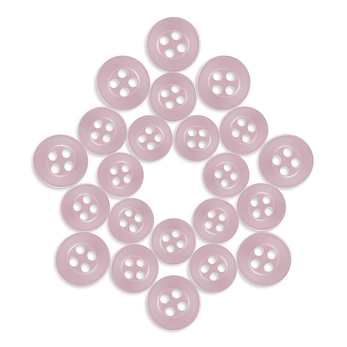 Replacement Shirt Buttons in light pink, known for their durability, are displayed in a symmetrical star pattern on a white background.