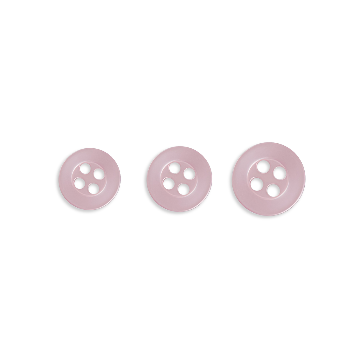 Three Replacement Shirt Buttons in pink, featuring four holes and various sizes, are lined up on a white background.