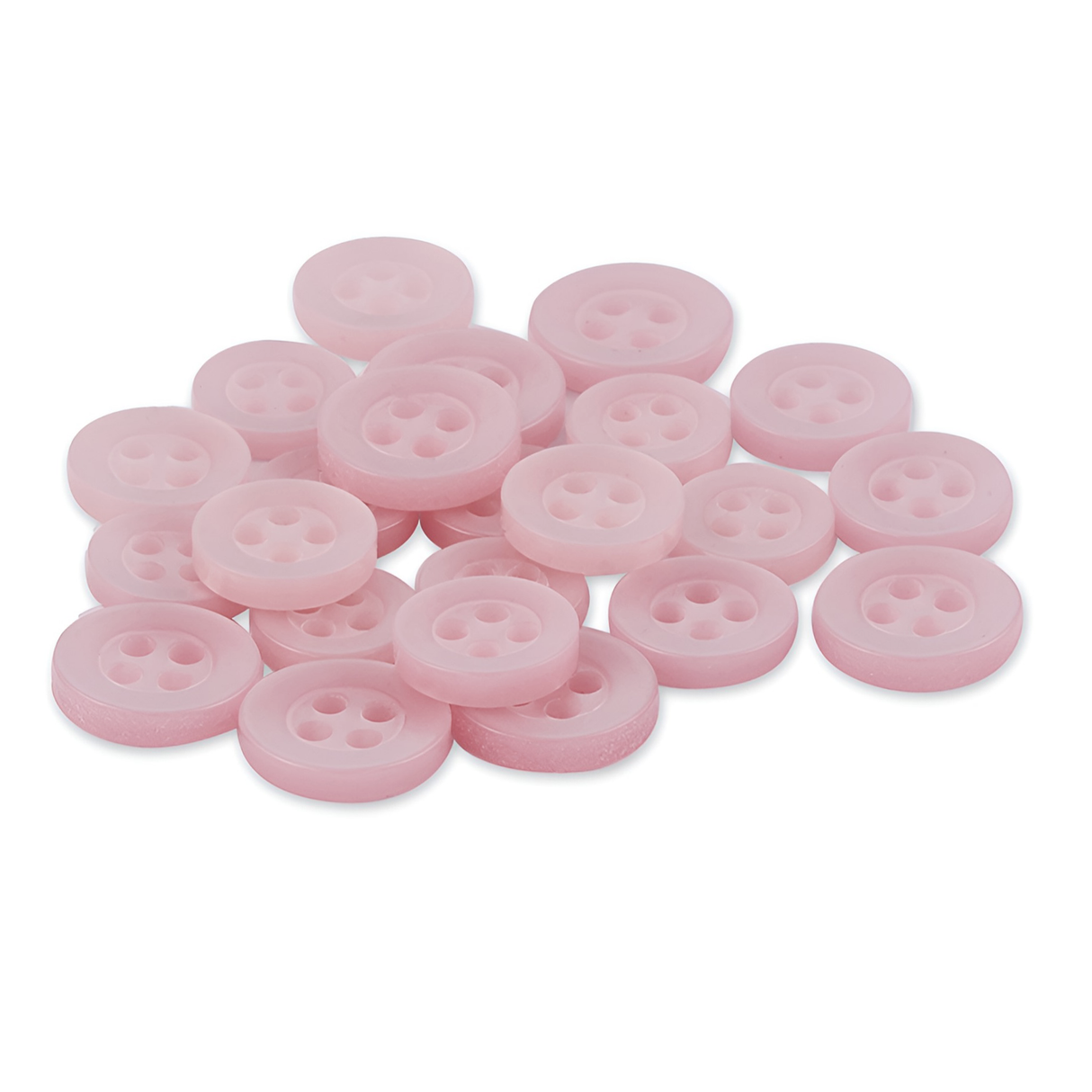 A pile of round, light pink Replacement Shirt Buttons with four holes, made from durable poly-nylon, arranged on a white background.
