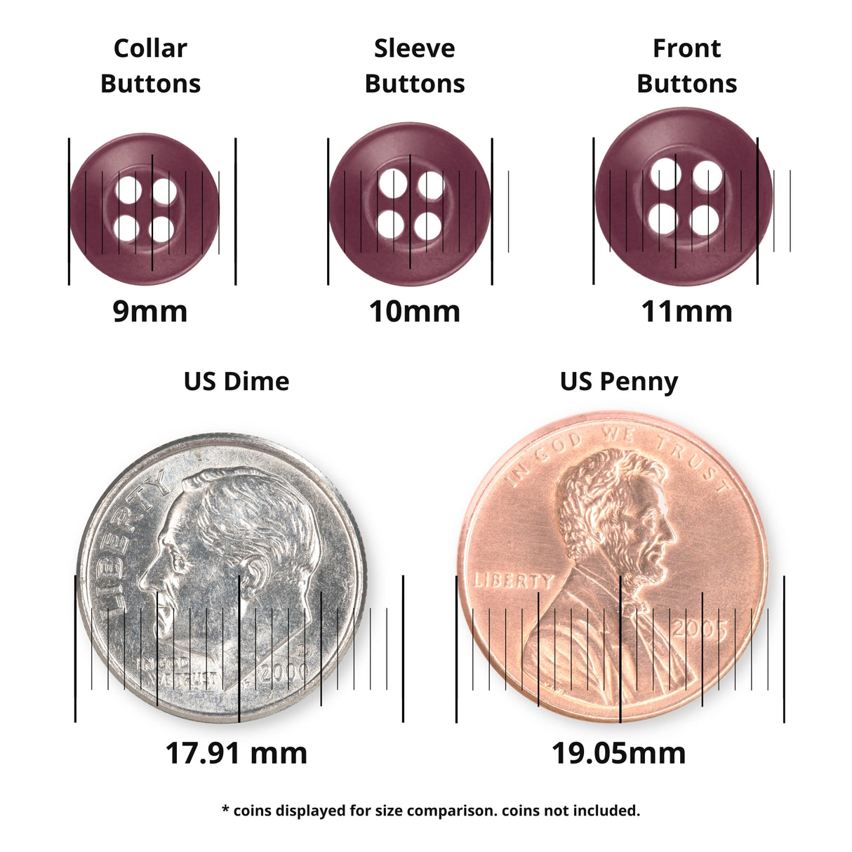Three Replacement Shirt Buttons and two coins (dime, penny) are displayed with diameter measurements for easy size comparison—a useful guide for anyone updating a repair kit.