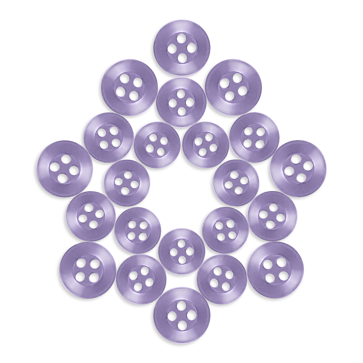Twenty-one Replacement Shirt Buttons in purple are arranged in a star shape on a white background.