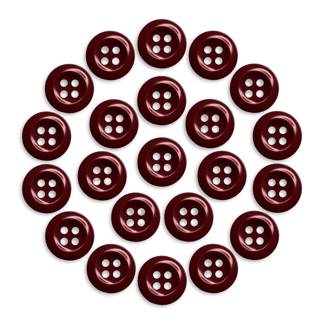 Twenty Work Shirt Buttons in dark red, military spec, are arranged in a circular pattern on a white background.