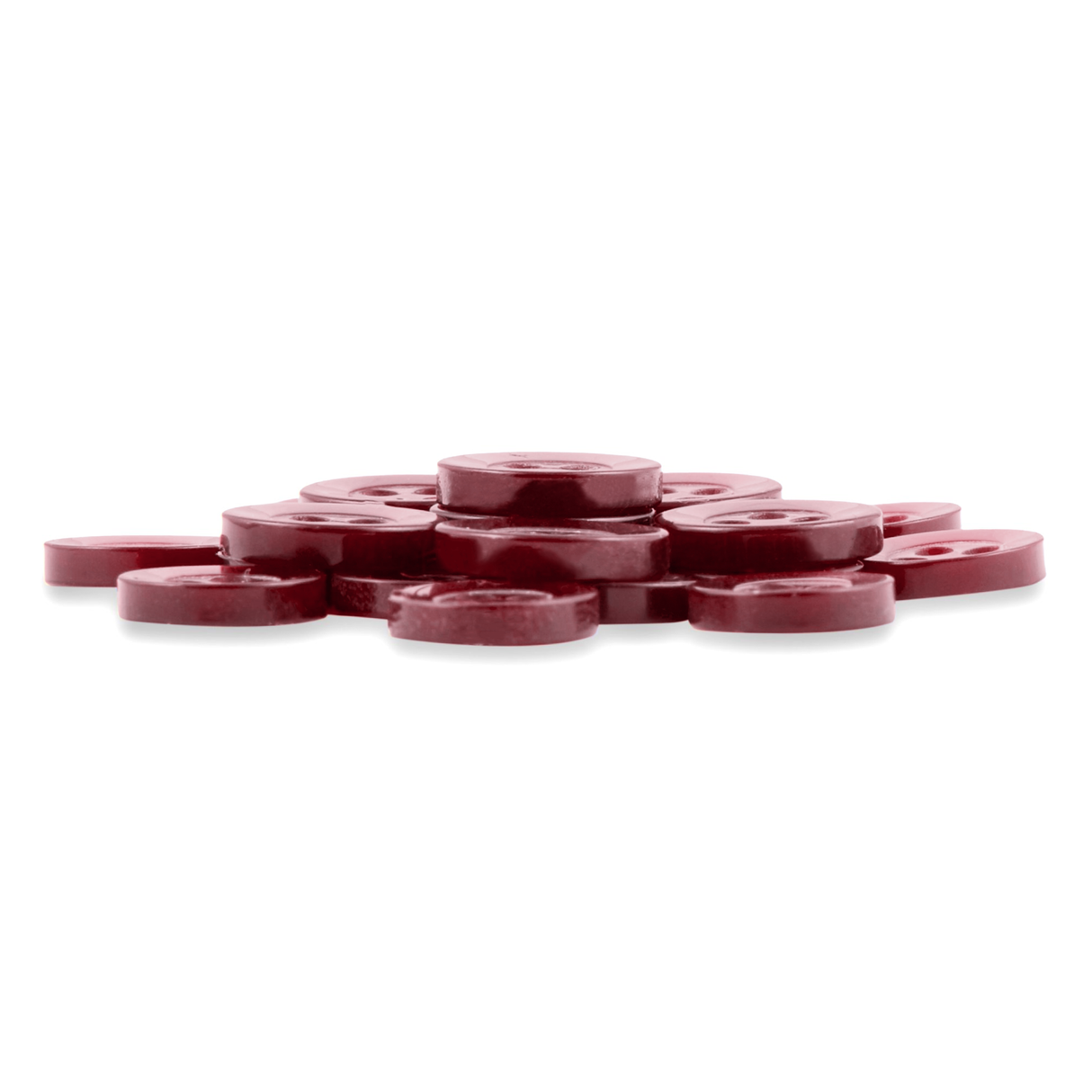 A pile of Replacement Shirt Buttons with a maroon, matte finish, stacked together on a white background.