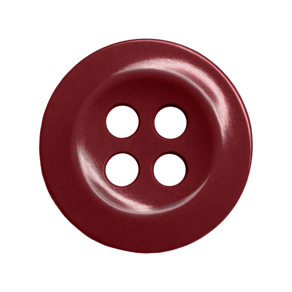 Work Shirt Buttons: Shiny, dark red button with four holes, viewed from above on a white background; perfect replacement for uniforms or industrial work shirts.