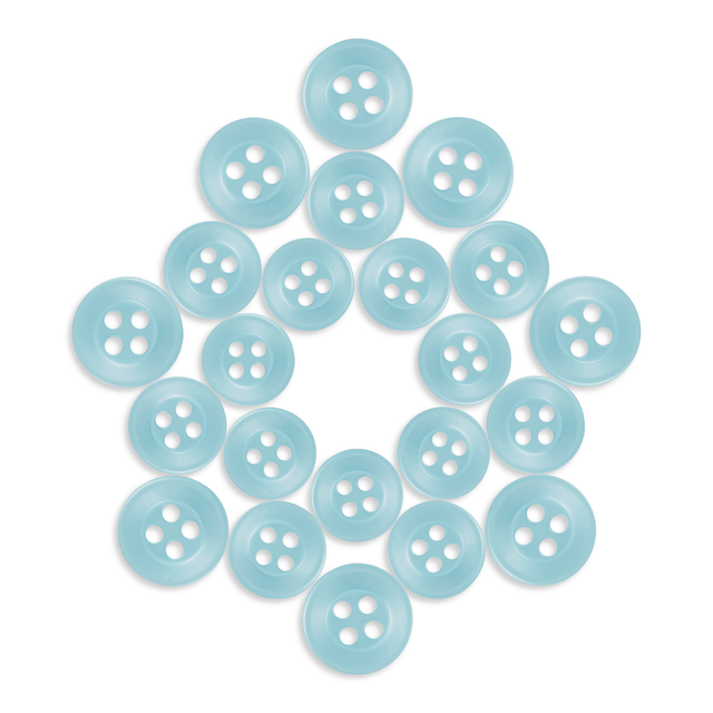 A set of light blue Replacement Shirt Buttons, made of poly-nylon, arranged in a circular star pattern on a white background.