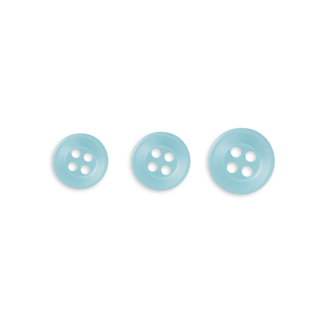 Three Replacement Shirt Buttons in light blue poly-nylon, featuring different sizes, are neatly arranged in a row on a white background—ideal for any tailor's kit.