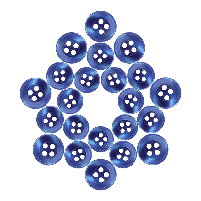 Replacement Shirt Buttons in blue poly-nylon are arranged in a circular, star-like pattern on a white background.