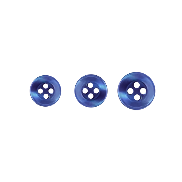 Three blue Replacement Shirt Buttons in assorted sizes are arranged side by side on a white background, ideal for dress shirt repairs or as a handy addition to any tailor's kit.