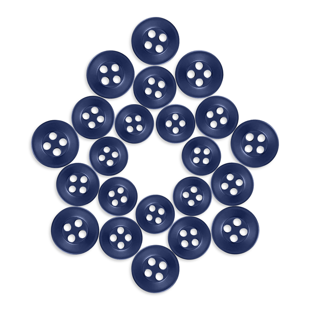 Twenty Replacement Shirt Buttons in blue poly-nylon, star-shaped arrangement on white background—ideal for dress shirt repairs or a tailor’s kit.