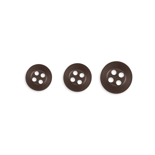 Three dark brown Replacement Shirt Buttons with an anti-glare matte finish, each featuring four holes and different sizes, are arranged in a row on a white background—ideal for any tailor's button kit.