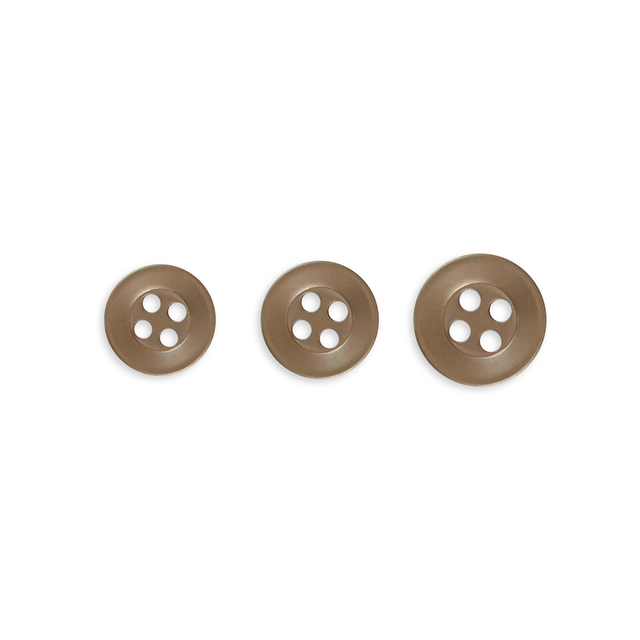 Three Replacement Shirt Buttons in brown poly-nylon, each a different size with four holes and an anti-glare matte finish, are arranged in a row on a white background.