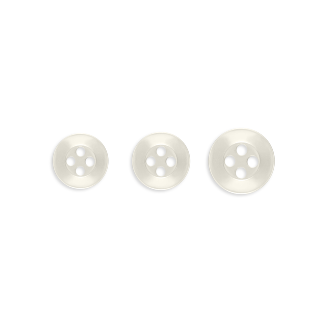 Three Replacement Shirt Buttons, white and four-hole, durable poly-nylon in assorted sizes, are arranged horizontally on a white background—ideal for any tailor's kit.