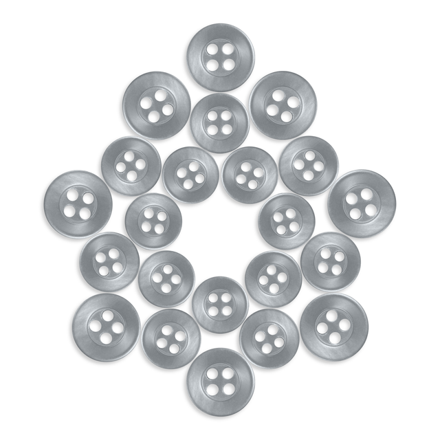 Twenty-four durable Replacement Shirt Buttons made of poly-nylon are arranged in a symmetrical star or flower shape on a white background—ideal for any tailor's kit.