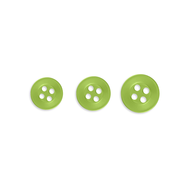 Three Replacement Shirt Buttons in green poly-nylon, each a different size, arranged in a row on a white background—ideal for any tailor's kit.