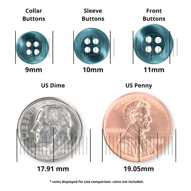 Three Replacement Shirt Buttons in different sizes are shown above a US dime and penny for size comparison (measurements in mm). Made from durable poly-nylon, they're perfect as sturdy shirt buttons.
