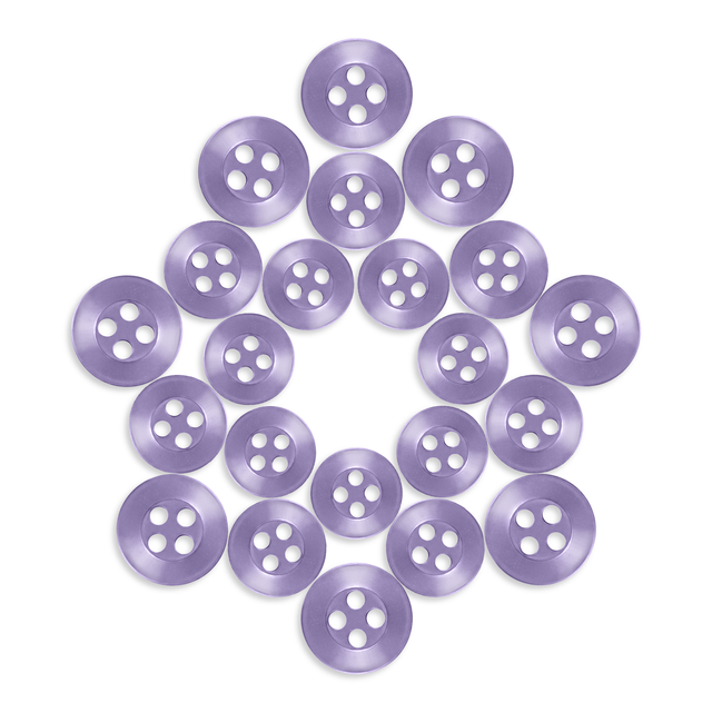 Twenty-one Replacement Shirt Buttons in purple are arranged in a star shape on a white background.