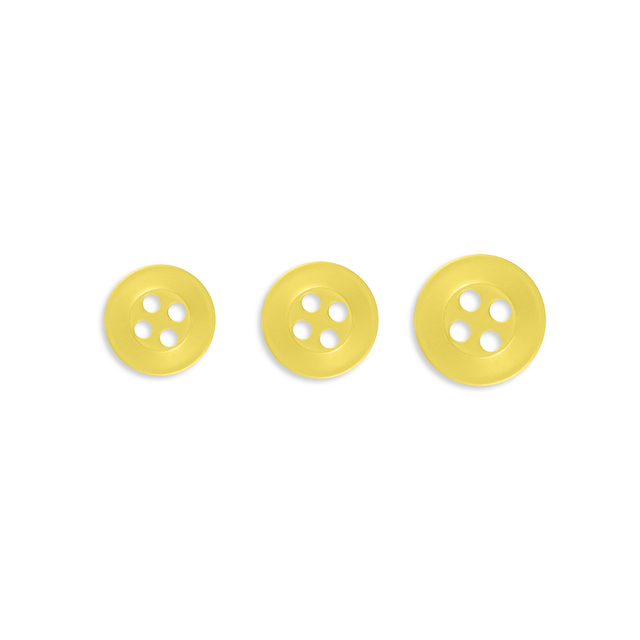 Three Replacement Shirt Buttons in yellow, durable and increasing in size, arranged in a row on a white background.
