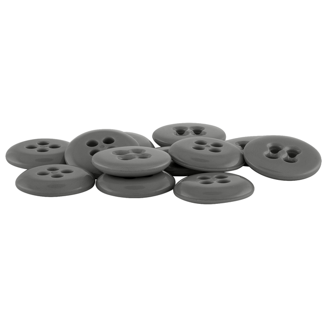 A collection of Suspender Brace Pant Buttons—gray, round, four-hole sewing buttons inspired by military spec designs—scattered on a white background.