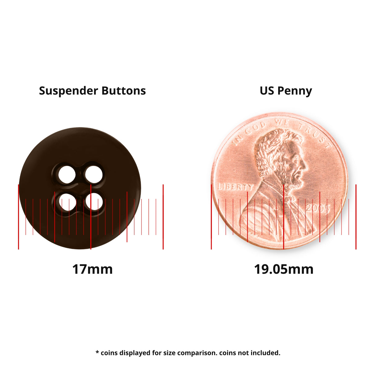 Suspender Brace Pant Button (17mm), ideal for brace pants or military-style suspenders, shown next to a US penny (19.05mm) for size comparison.