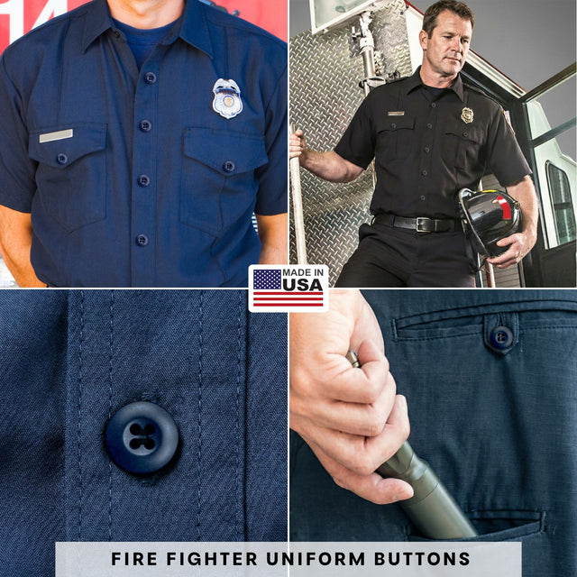 Firefighter uniform shirts featuring Tactical Buttons, badge, and pockets; close-up of a Tactical Button and a hand in the pocket.