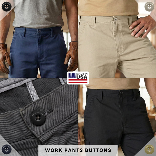 Four men wear various work pants, each showcasing the industrial-strength waistband button from the Work Pants Buttons 22 Pack, proudly featuring a Made in USA label.