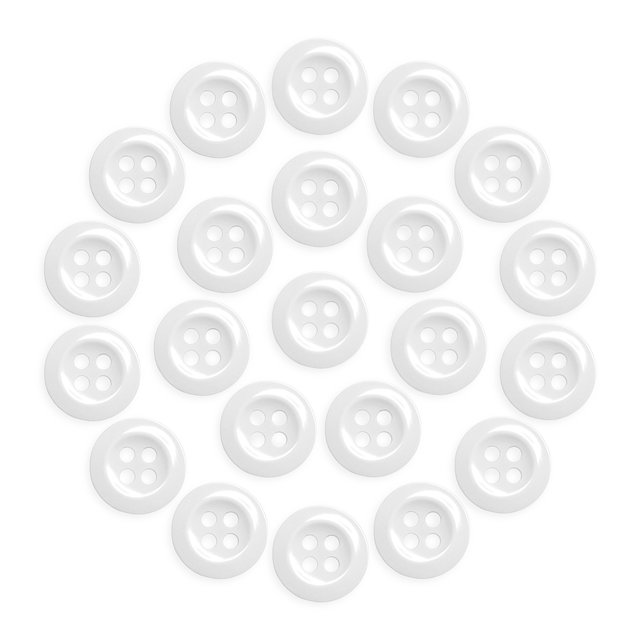 Twenty-four Work Shirt Buttons with four holes, military spec, white color, arranged in a circular pattern on a white background.