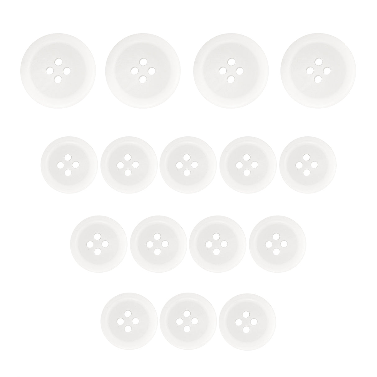 A set of fifteen Regular Suit Buttons, white with four holes, neatly arranged in rows on a white background.