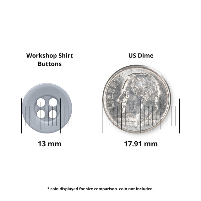 A gray 13 mm Workshop Uniform Shirt Button is displayed beside a 17.91 mm US dime for size comparison, with measurements clearly labeled. Ideal as industrial workwear buttons or replacements for your favorite shirts.