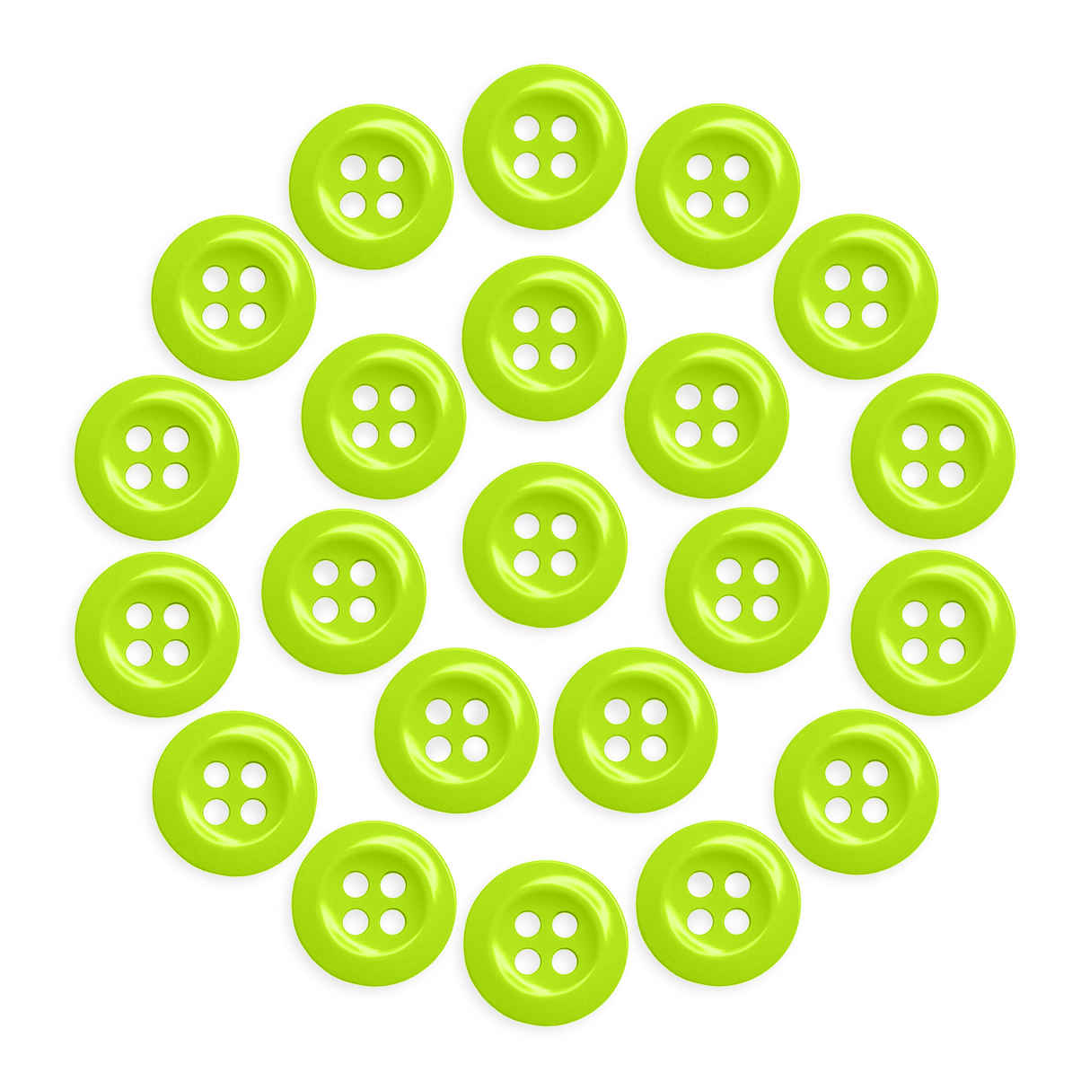Twenty bright green Work Shirt Buttons, each with four holes, are arranged in a circle on a white background.