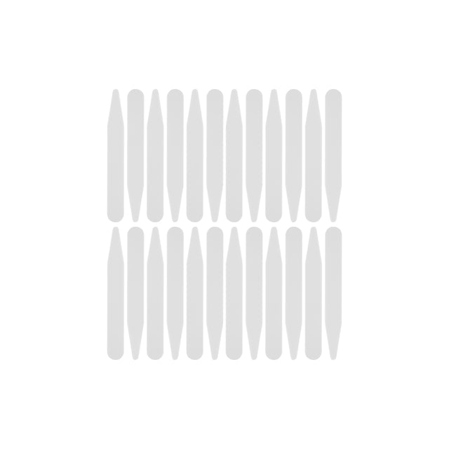Sixteen vertical, rounded gray Collar Stays are displayed in a 4x4 grid on a white background, each crafted to deliver reliable support for your shirt collar.