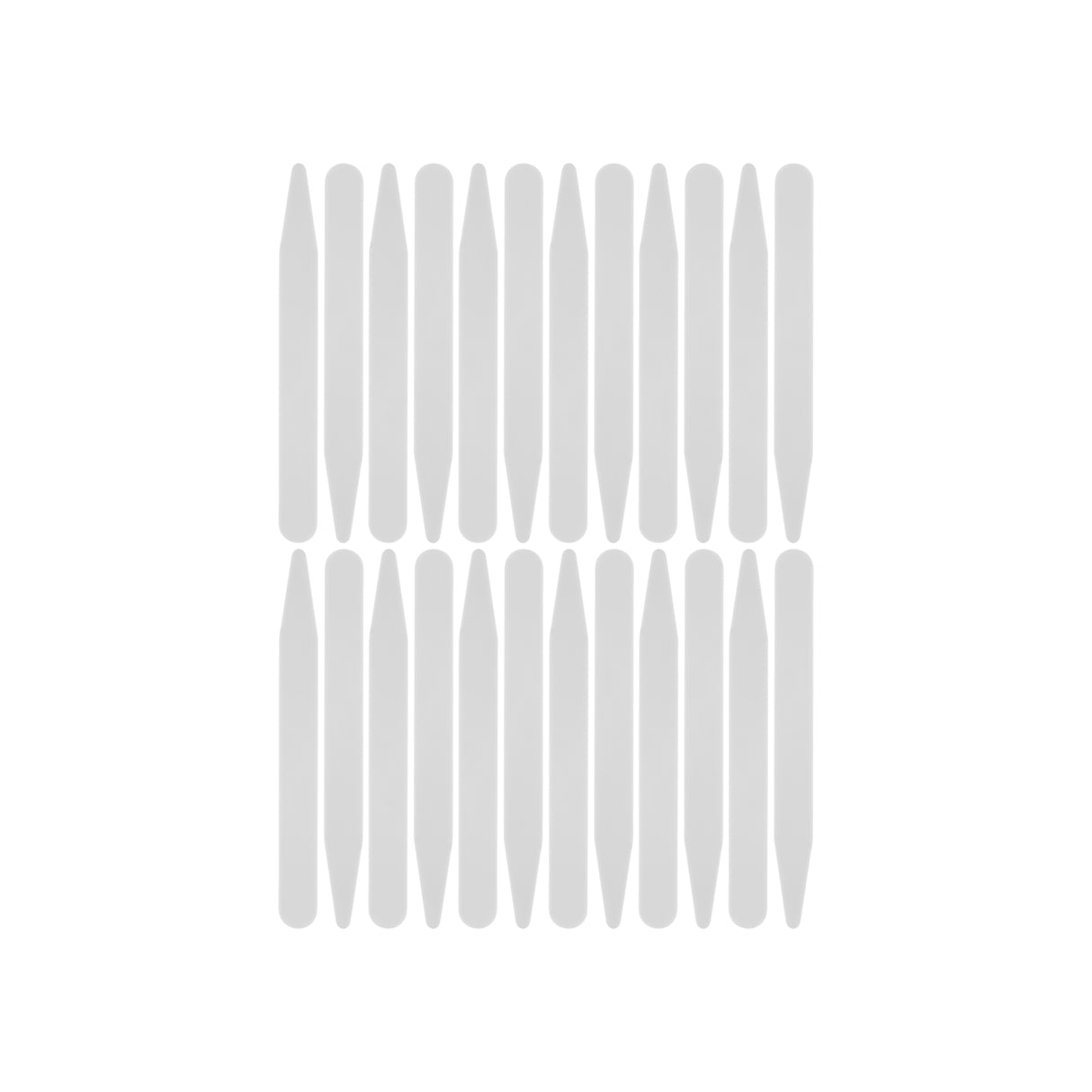 Sixteen gray Collar Stays, shaped like vertical rounded rectangles, are arranged in two rows on a white background.