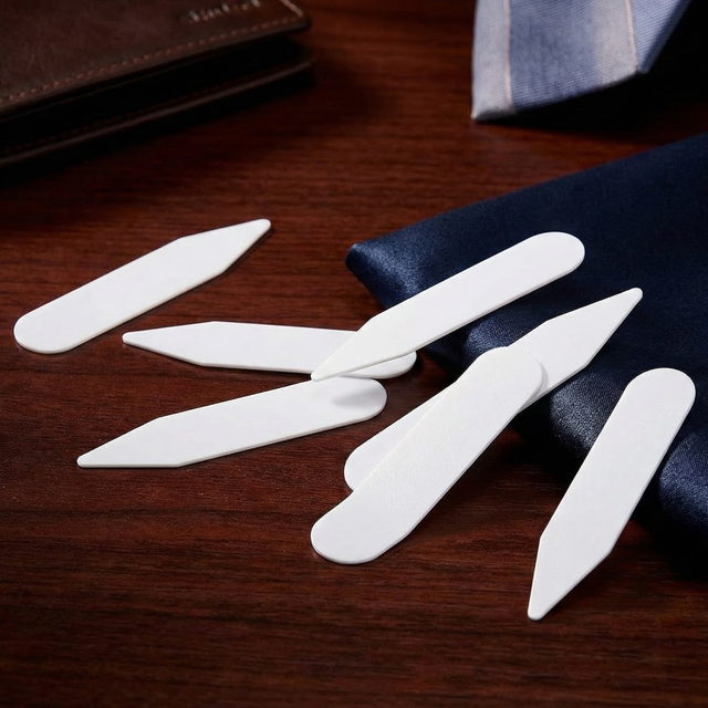 Six Collar Stays are arranged on a wooden surface beside a wallet and some navy blue fabric.