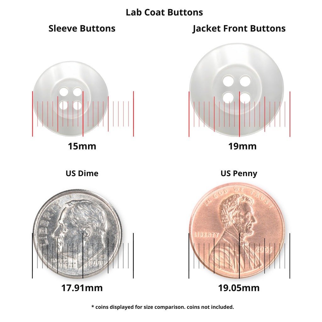 Lab Coat Buttons shown with measurements: 15mm and 19mm, and compared to US coins (dime: 17.91mm, penny: 19.05mm), to highlight the size of these scratch-resistant medical uniform buttons.