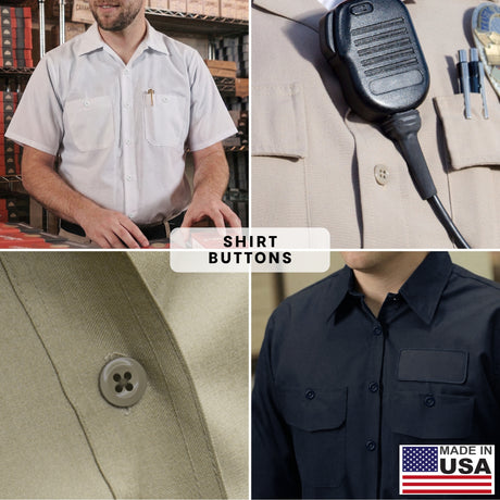 Collage of uniform shirts with buttons, a radio mic, and a Made in USA label in the bottom right corner, featuring durable Work Shirt Buttons designed to meet military spec standards.