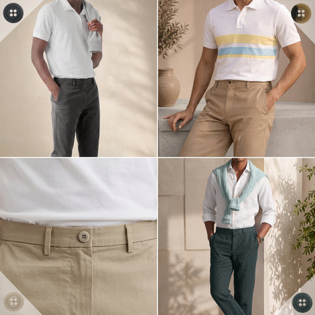 A collage of four men modeling smart-casual summer outfits with collared shirts and trousers, featuring Khakis, Chinos and Casual Cotton Pant Buttons for a polished touch.