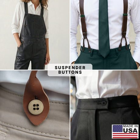 Four-panel collage featuring Suspender Brace Pant Buttons, trousers with military spec suspender buttons, and a Made in USA flag label.