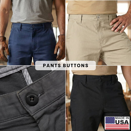 Four images showcase men’s pants in different colors, emphasizing the “Work Pants Buttons” and detailed waistband features. Featuring military-grade button sets, these pants are made in the USA.