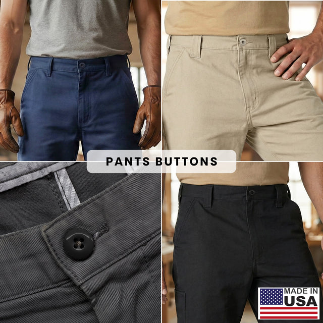 Four images showcase men’s pants in different colors, emphasizing the “Work Pants Buttons” and detailed waistband features. Featuring military-grade button sets, these pants are made in the USA.