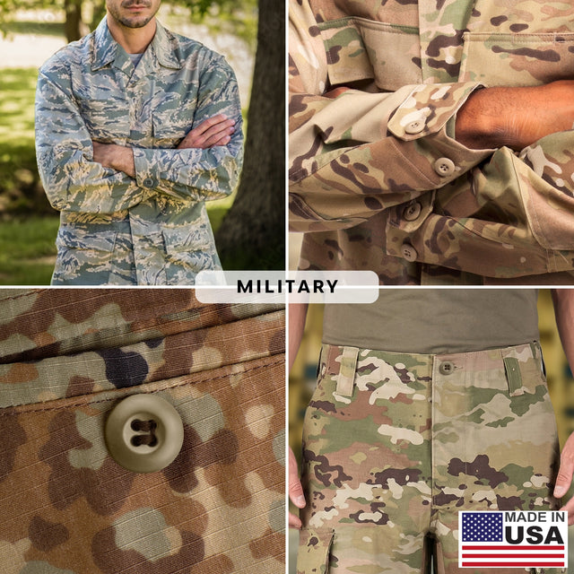 Four images of Tactical Buttons on military camouflage uniforms, featuring close-ups of the fabric patterns and durable military spec Tactical Buttons, with a Made in USA label shown.