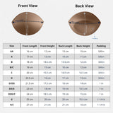 Size chart with diagrams showing front/back length and height for Padded Bra Cup Inserts, plus details on padding and fit for various cup sizes.