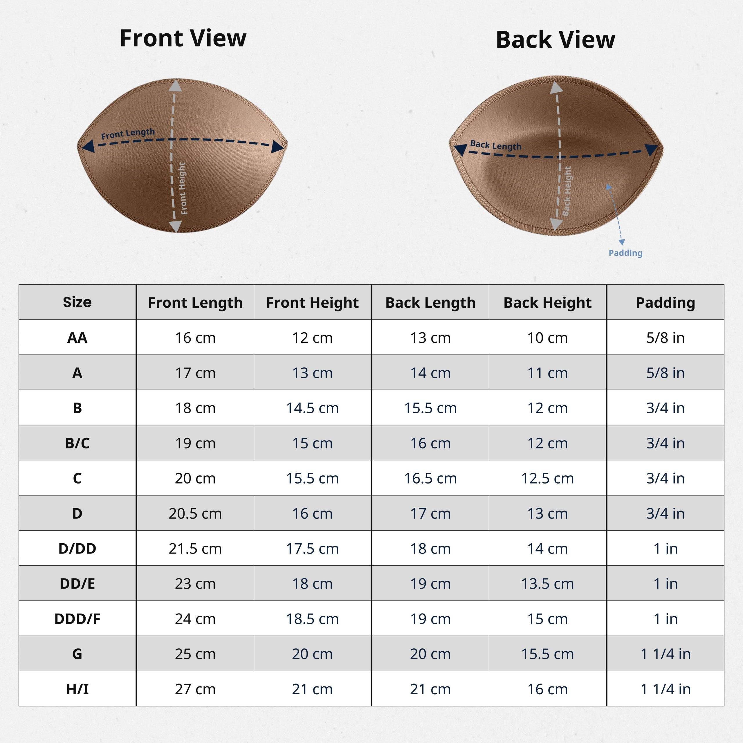 Size chart with diagrams showing front/back length and height for Padded Bra Cup Inserts, plus details on padding and fit for various cup sizes.