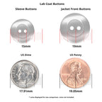 Lab Coat Buttons shown with a US dime and penny for size reference; measurements in millimeters demonstrate their fit, while the scratch-resistant finish highlights durability for medical uniforms.