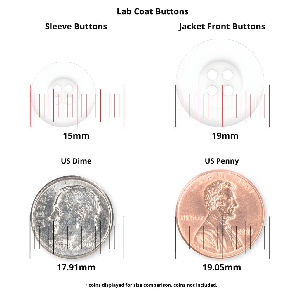 Lab Coat Buttons, made for medical uniforms, come in sizes matching a US dime (15mm for sleeves) and penny (19mm for the front). These scratch-resistant buttons ensure durability and an exact fit.