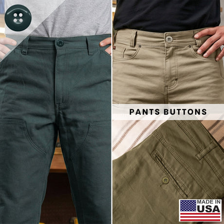 Three close-up photos featuring Work Pants Buttons in various colors; includes industrial-grade and Made in USA labels. These durable replacement fasteners offer a military-grade button set for long-lasting reliability.