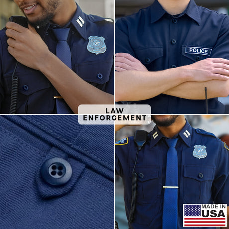 Collage of police uniforms, badges, and buttons—including Tactical Buttons, available in military spec and melamine options—set against Law Enforcement text and a Made in USA flag icon.