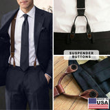 A man wearing a suit with Suspender Brace Pant Buttons; close-ups showcase military spec Suspender Brace Pant Buttons and traditional suspender button attachments; features a Made in USA label.