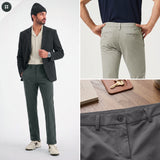 A man in a blazer and beanie, with close-ups highlighting the back pockets and waistband of gray pants fastened with Khakis, Chinos and Casual Cotton Pant Buttons, as well as keys placed on a table.